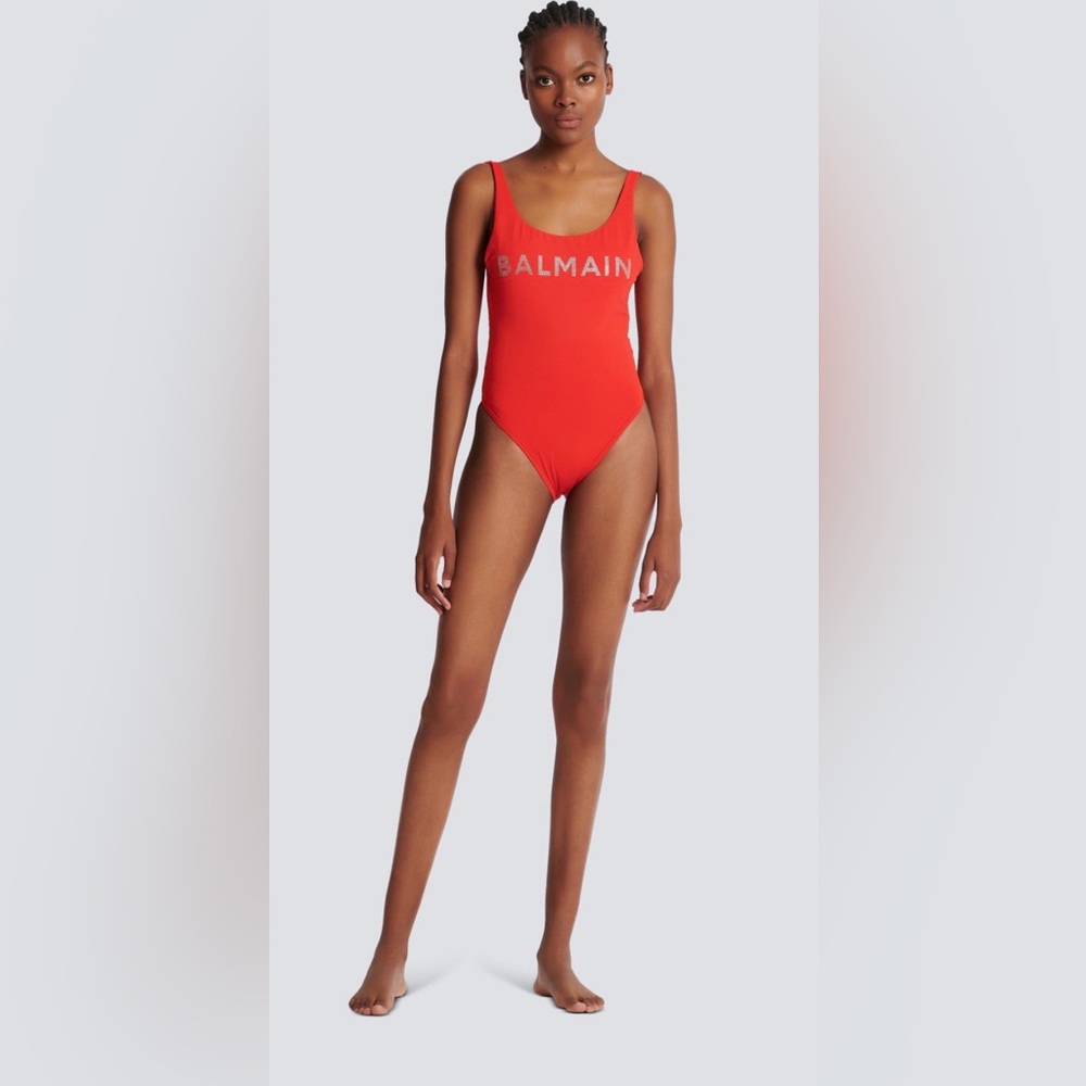Balmain Red Logo Bodysuit swim one piece bathing suit rhinestone crystals $650!